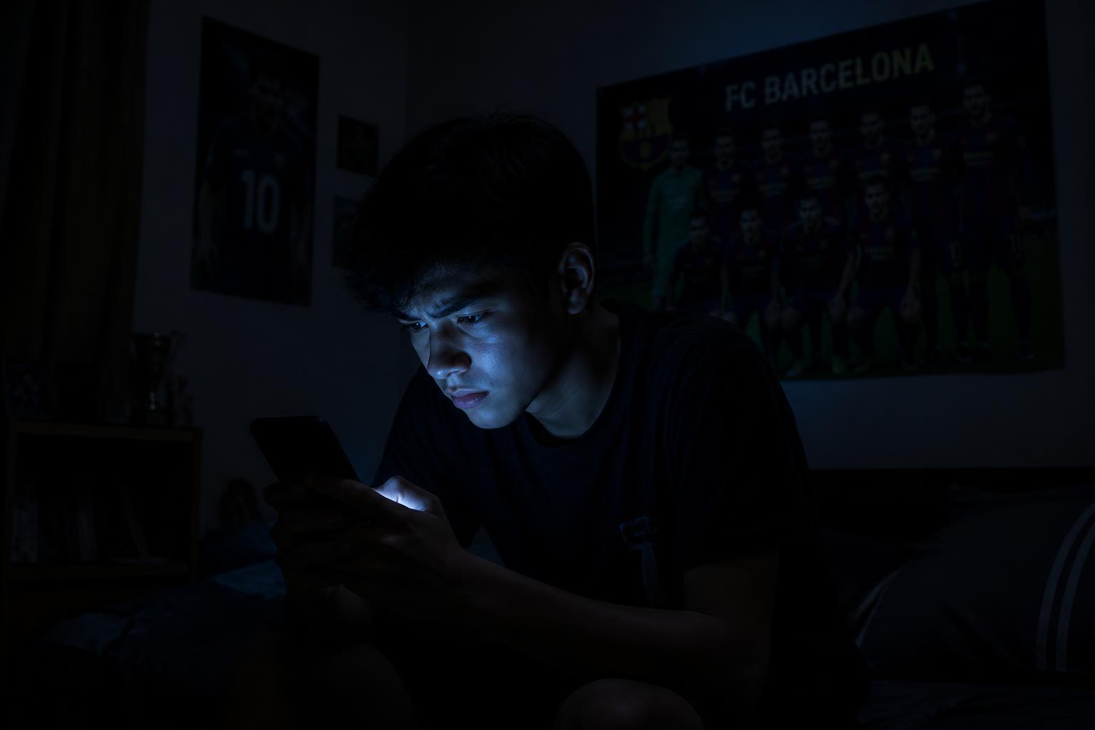 Remaja menatap layar ponsel dengan cemas di kamar redup